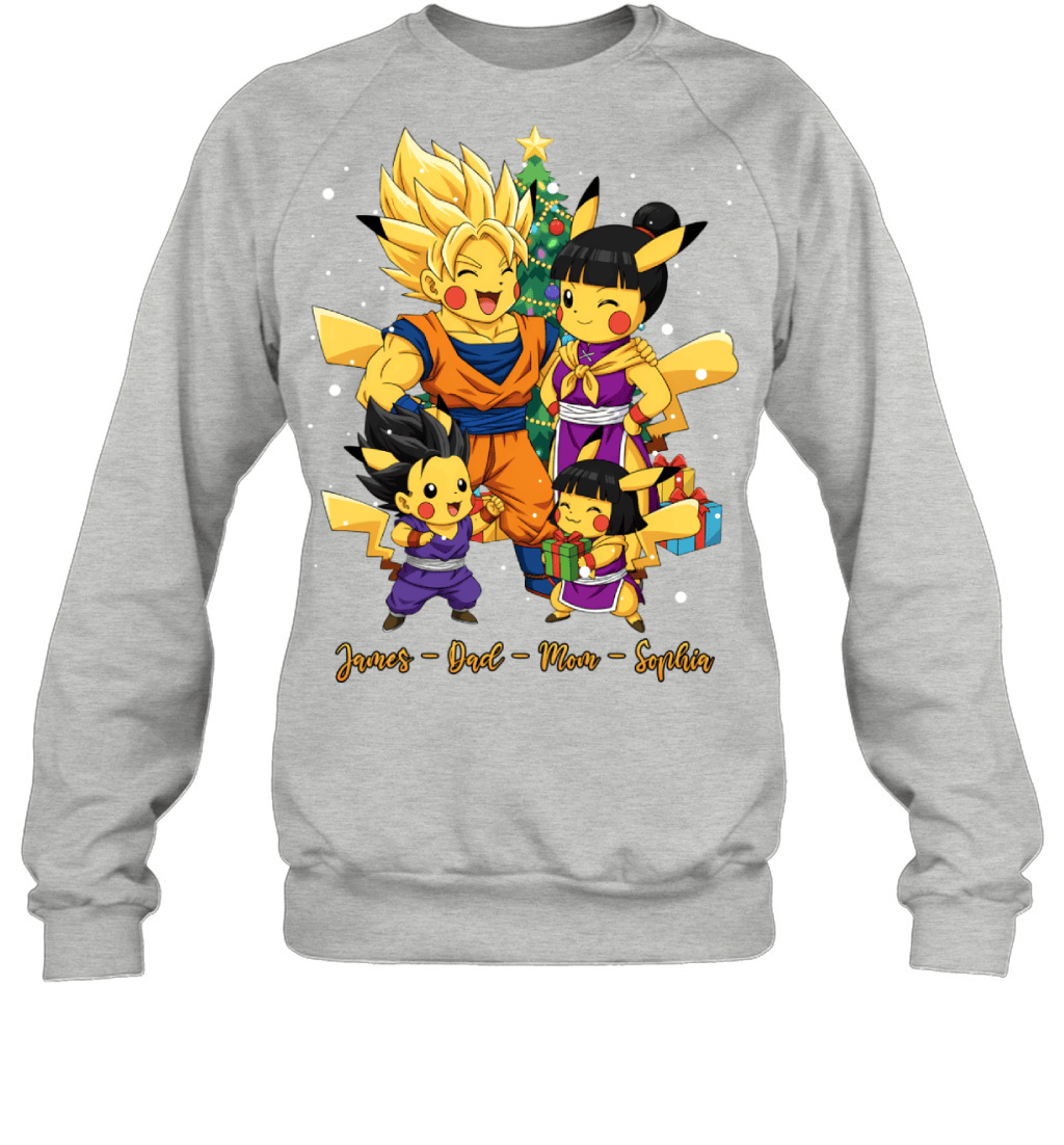 Pikachu x Son Goku Parents & Kids Custom Name Christmas T-Shirt for Family