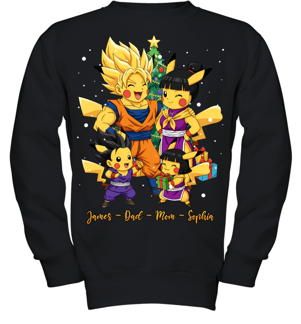 Pikachu x Son Goku Parents & Kids Custom Name Christmas T-Shirt for Family