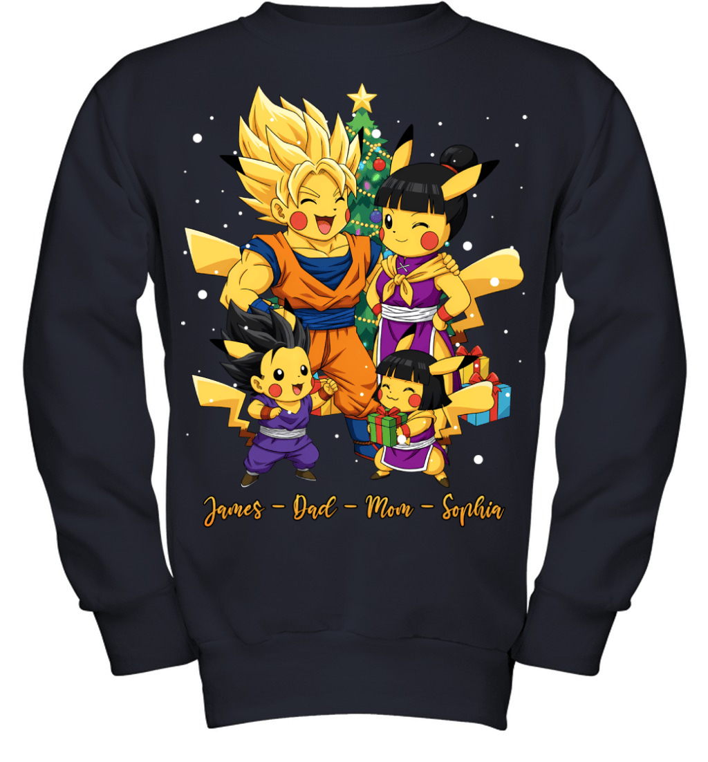 Pikachu x Son Goku Parents & Kids Custom Name Christmas T-Shirt for Family