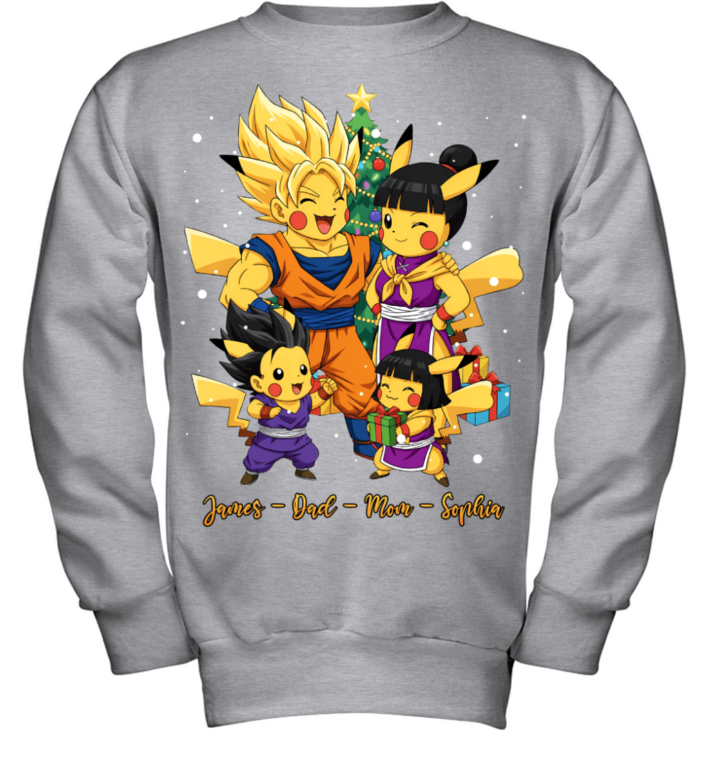 Pikachu x Son Goku Parents & Kids Custom Name Christmas T-Shirt for Family
