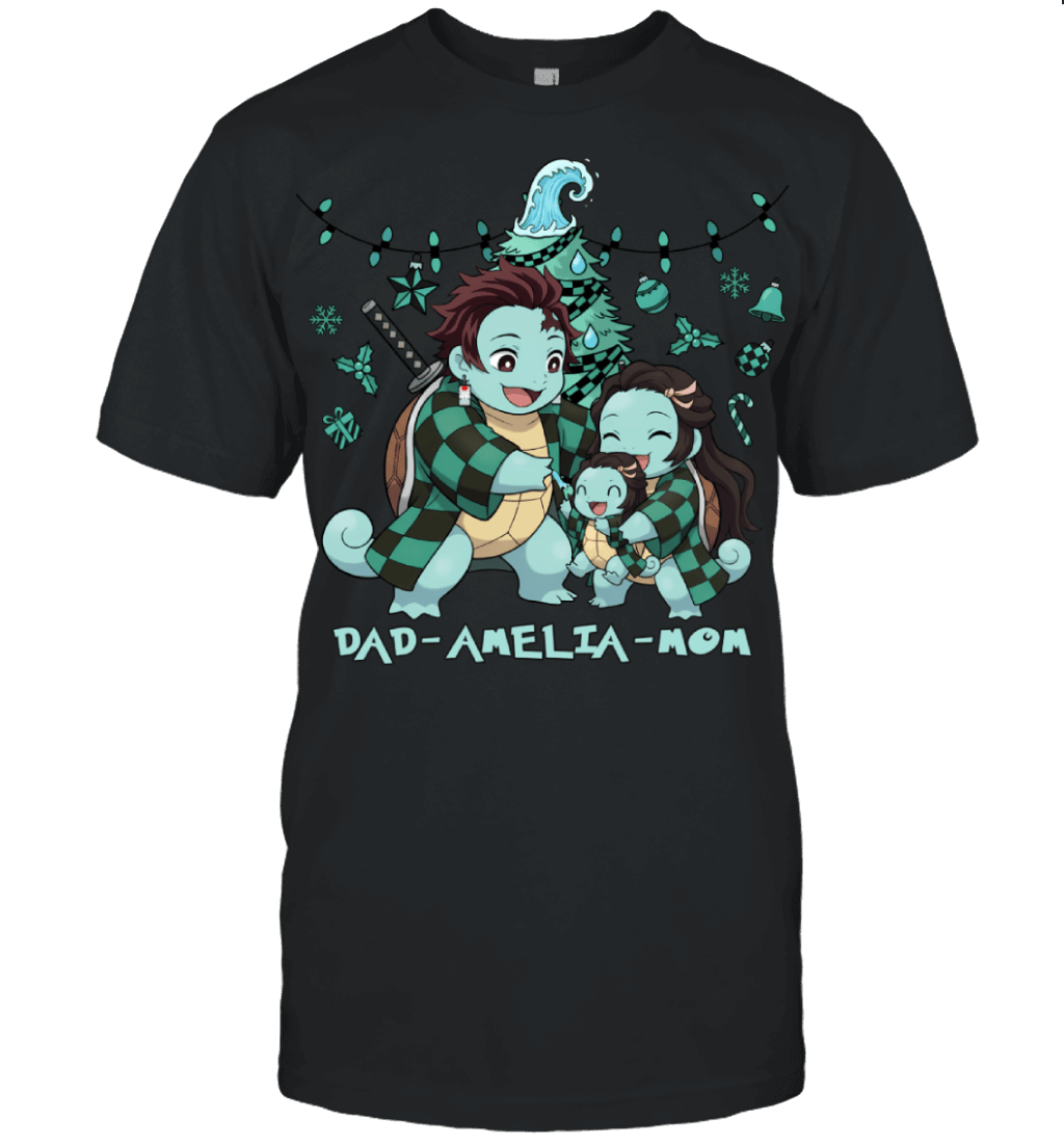 Squirtle x Kamado Tanjiro Parents & Daughter Custom Name Christmas T-Shirt for Family