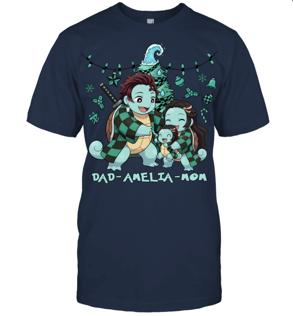 Squirtle x Kamado Tanjiro Parents & Daughter Custom Name Christmas T-Shirt for Family