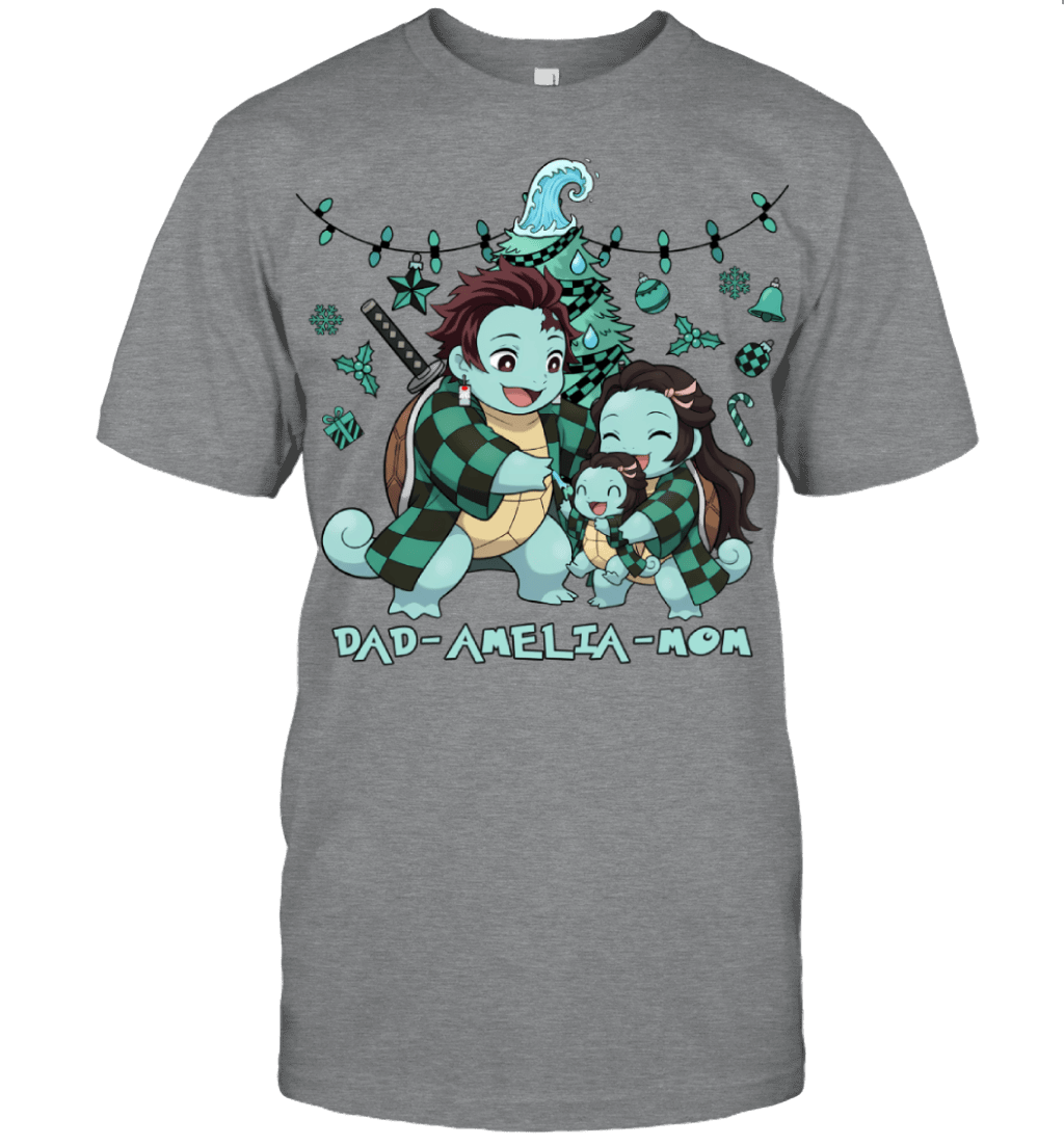 Squirtle x Kamado Tanjiro Parents & Daughter Custom Name Christmas T-Shirt for Family