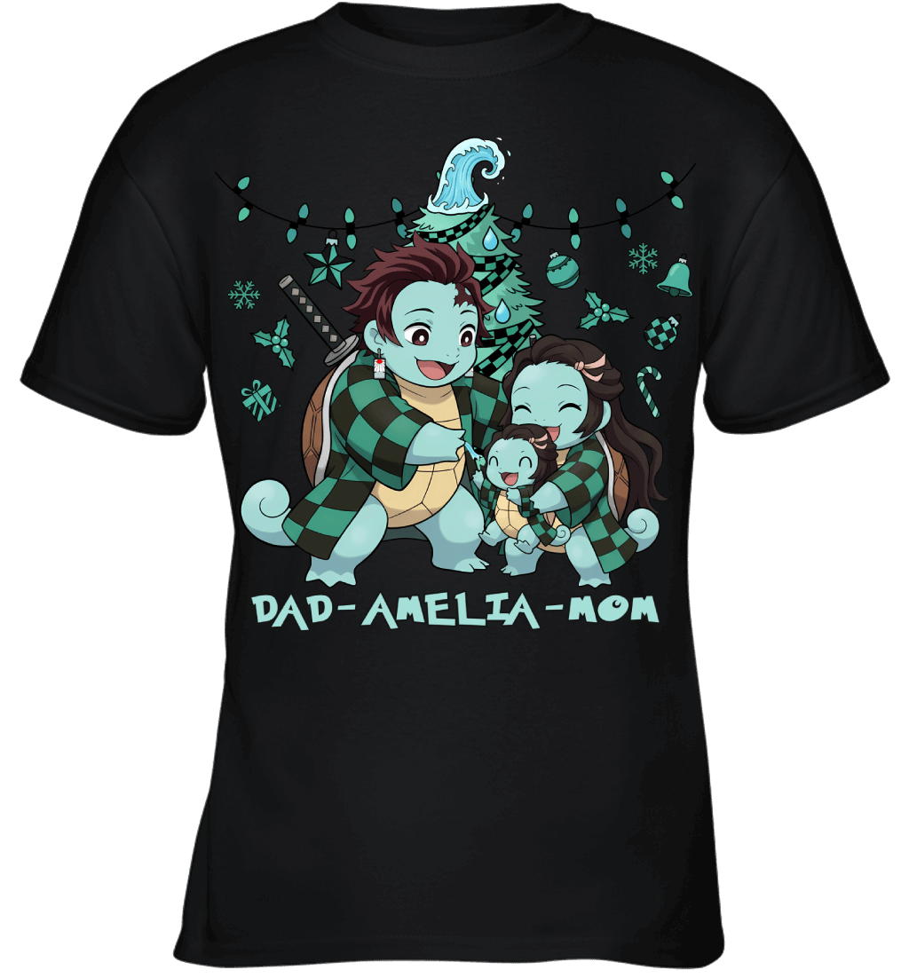 Squirtle x Kamado Tanjiro Parents & Daughter Custom Name Christmas T-Shirt for Family