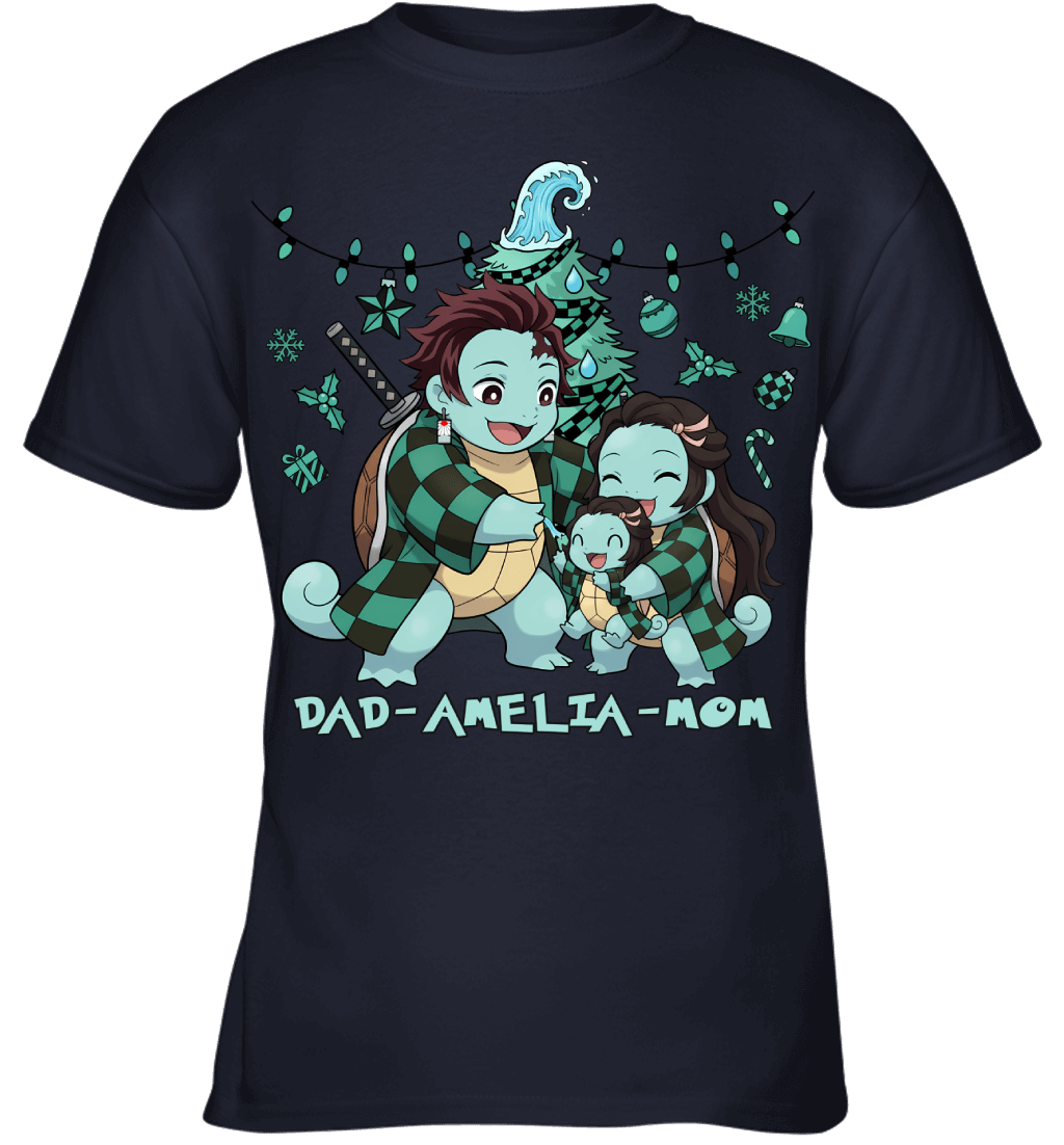 Squirtle x Kamado Tanjiro Parents & Daughter Custom Name Christmas T-Shirt for Family