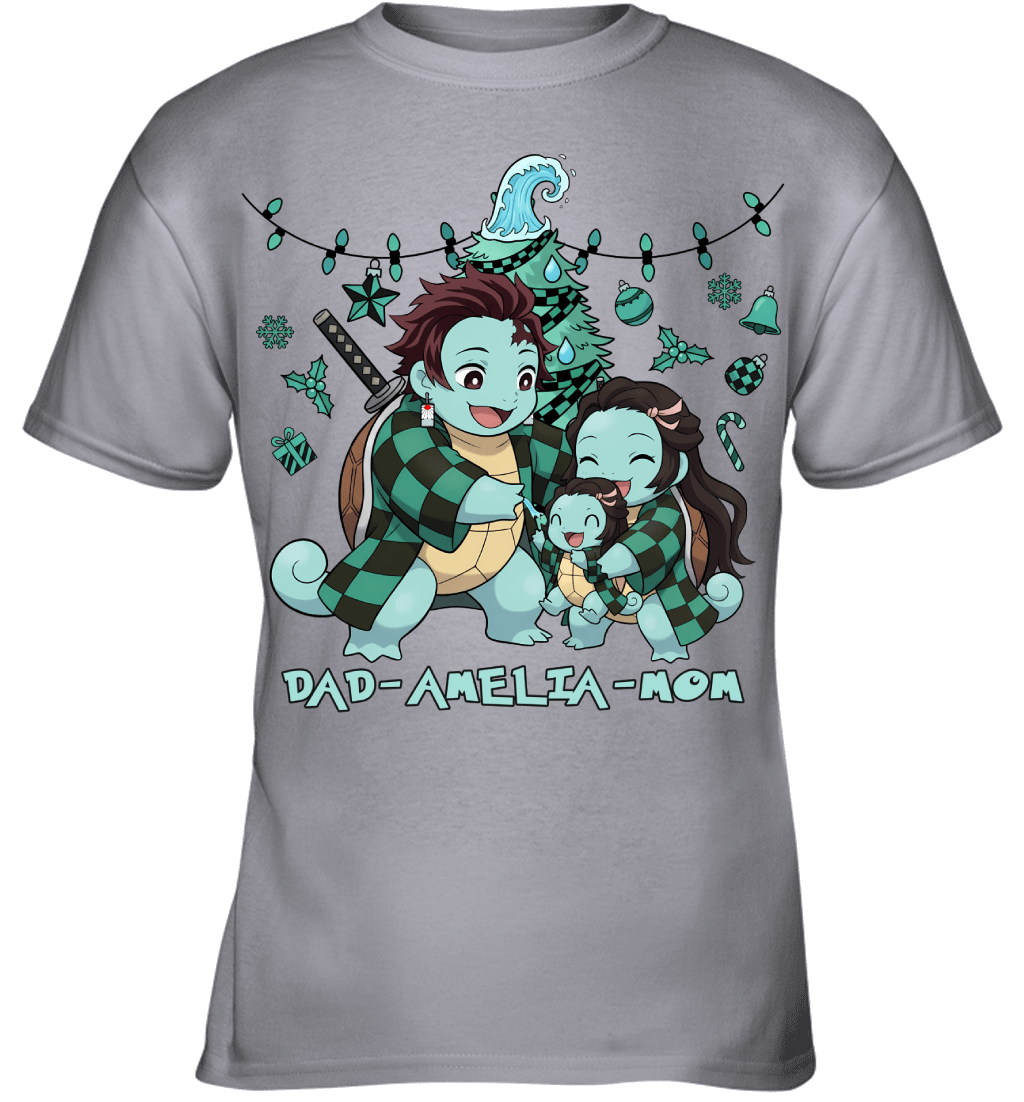 Squirtle x Kamado Tanjiro Parents & Daughter Custom Name Christmas T-Shirt for Family