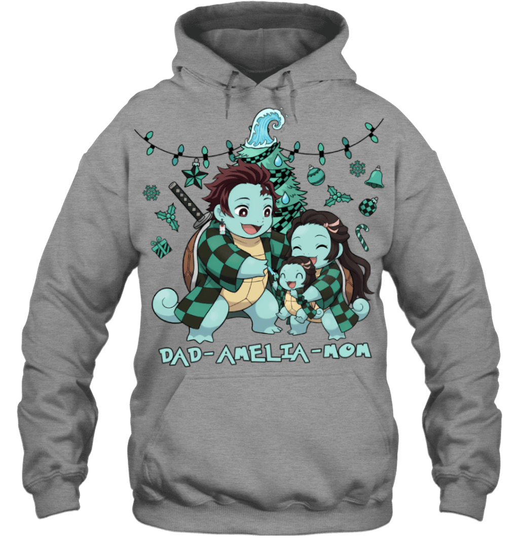 Squirtle x Kamado Tanjiro Parents & Daughter Custom Name Christmas T-Shirt for Family