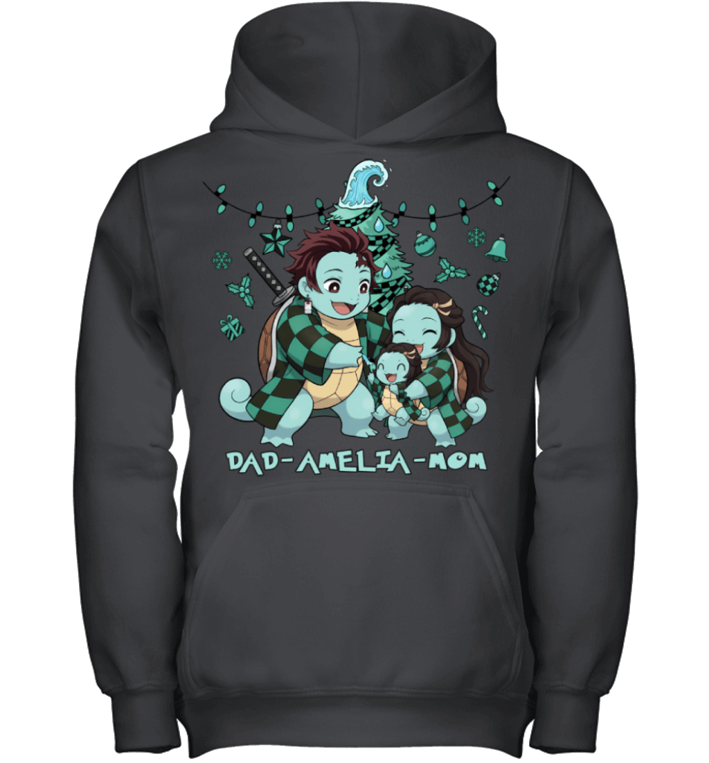 Squirtle x Kamado Tanjiro Parents & Daughter Custom Name Christmas T-Shirt for Family