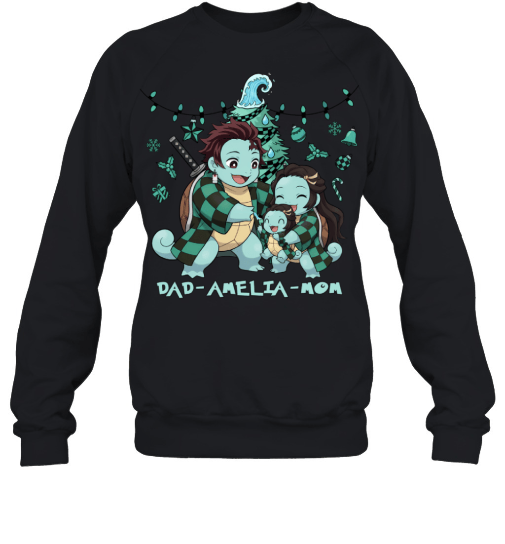 Squirtle x Kamado Tanjiro Parents & Daughter Custom Name Christmas T-Shirt for Family