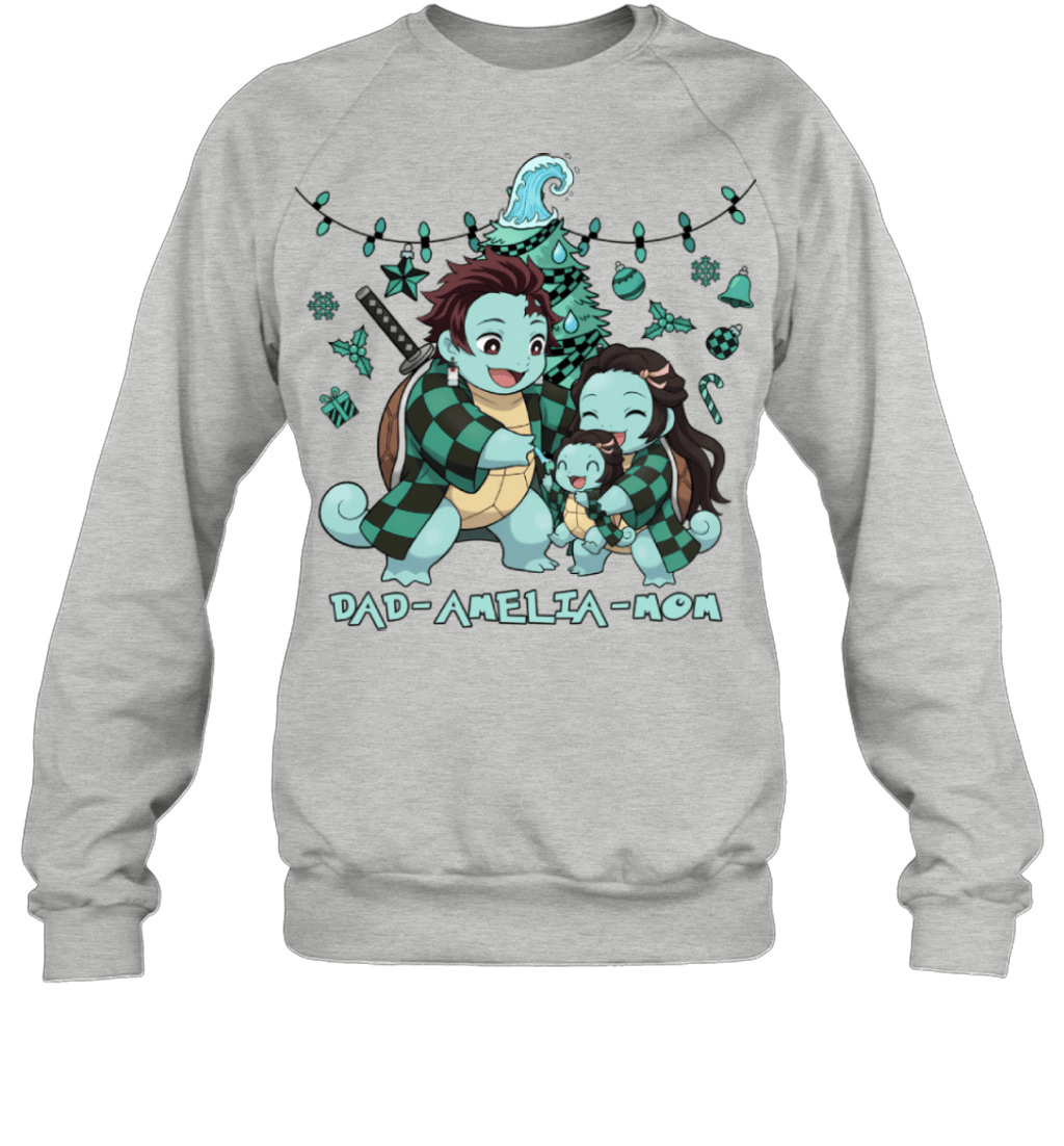 Squirtle x Kamado Tanjiro Parents & Daughter Custom Name Christmas T-Shirt for Family