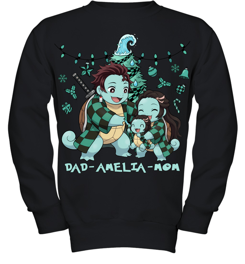 Squirtle x Kamado Tanjiro Parents & Daughter Custom Name Christmas T-Shirt for Family