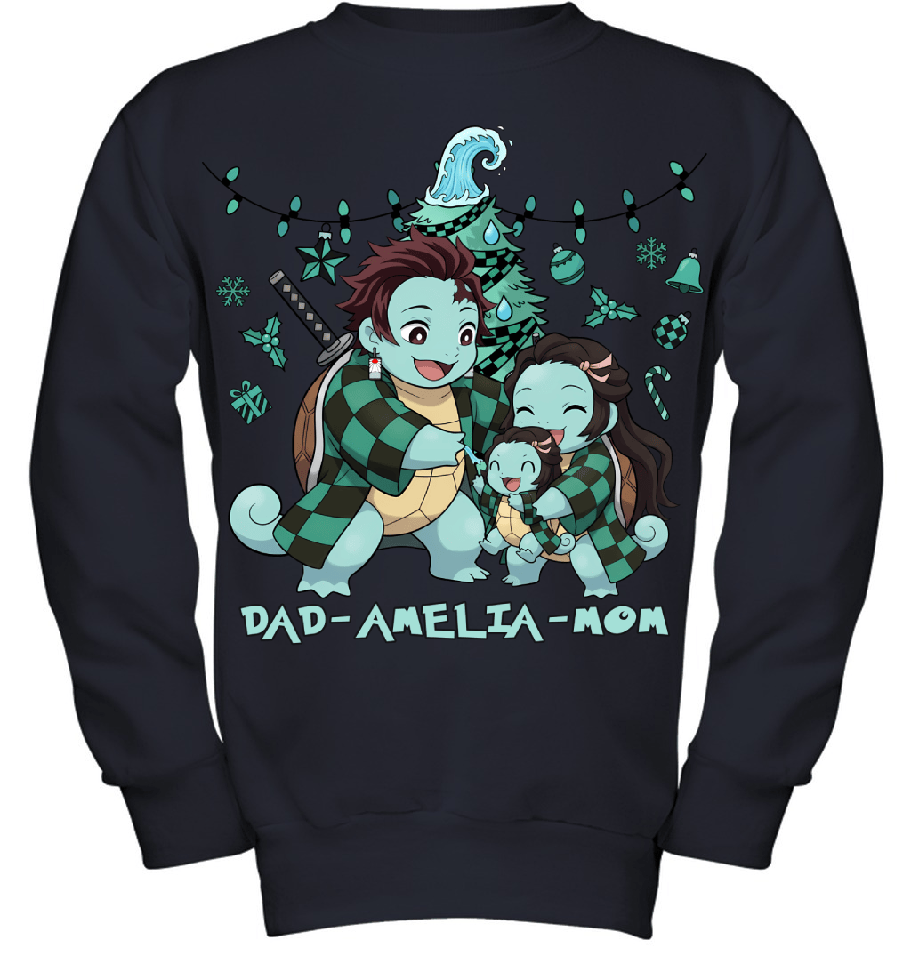 Squirtle x Kamado Tanjiro Parents & Daughter Custom Name Christmas T-Shirt for Family