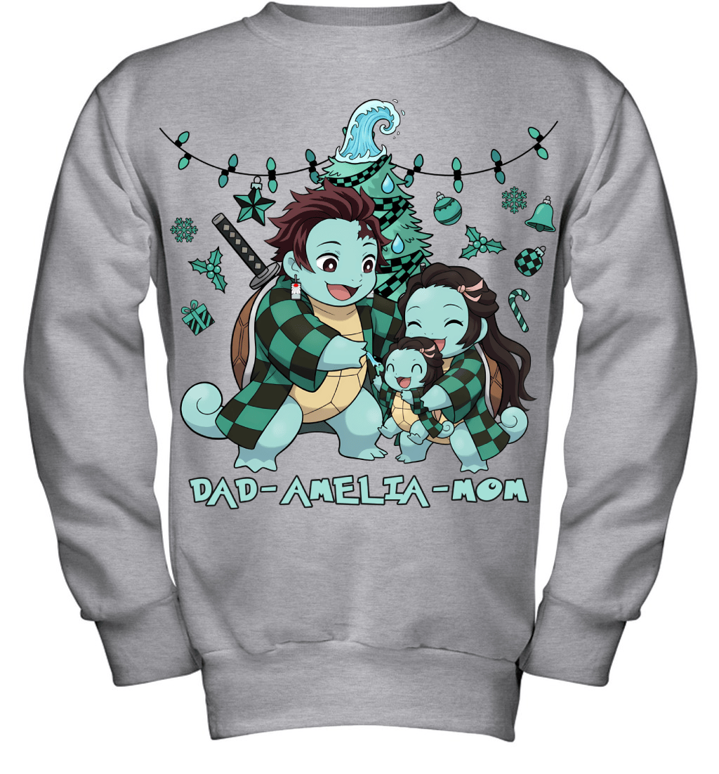Squirtle x Kamado Tanjiro Parents & Daughter Custom Name Christmas T-Shirt for Family