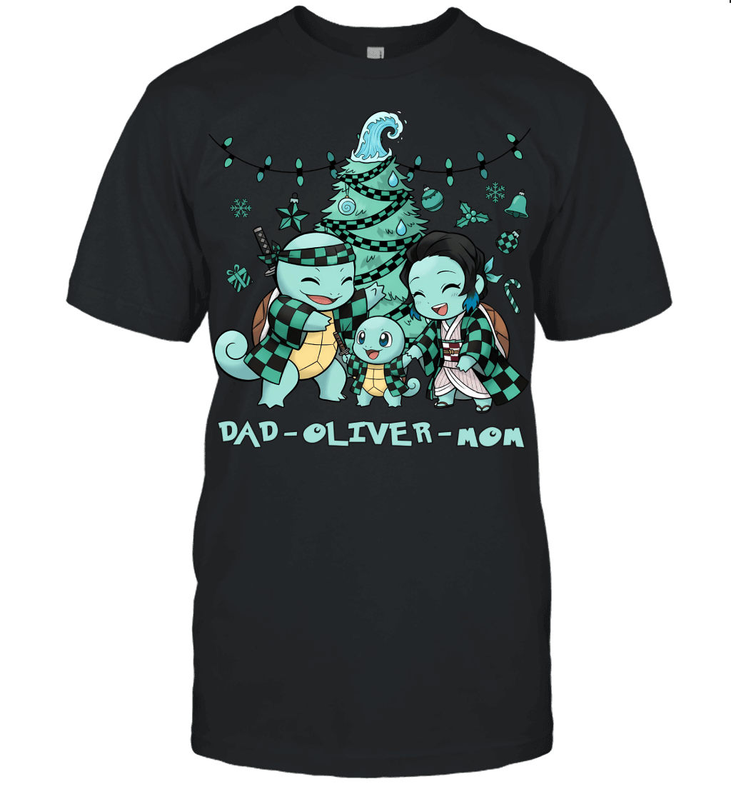 Squirtle x Kamado Tanjiro Parents & Son Custom Name Christmas T-Shirt for Family