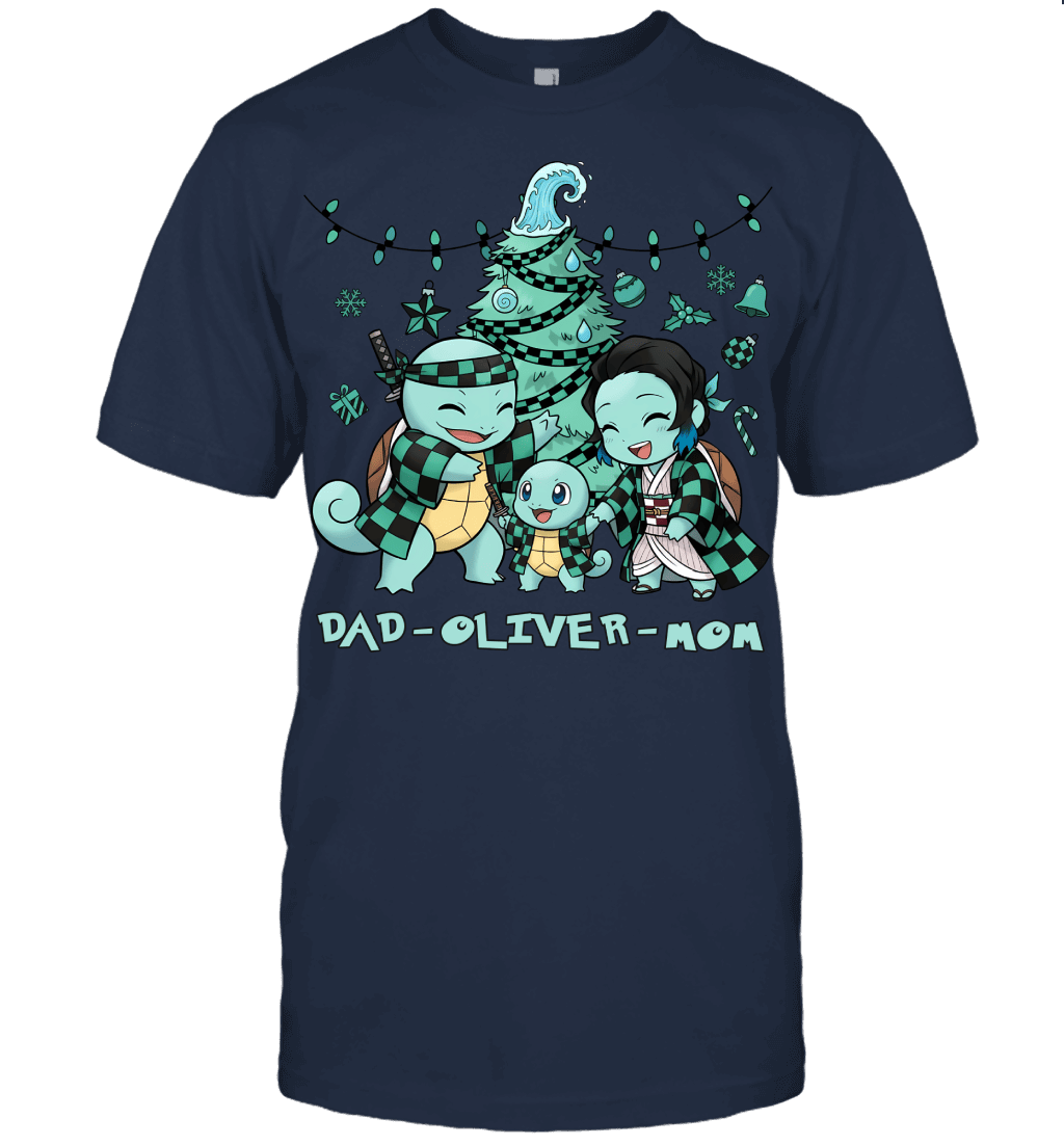 Squirtle x Kamado Tanjiro Parents & Son Custom Name Christmas T-Shirt for Family