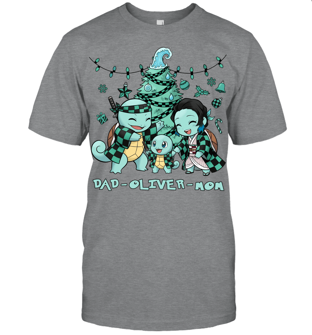 Squirtle x Kamado Tanjiro Parents & Son Custom Name Christmas T-Shirt for Family