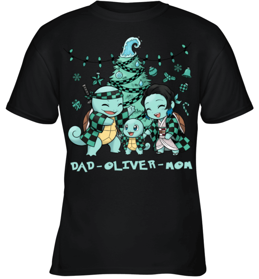 Squirtle x Kamado Tanjiro Parents & Son Custom Name Christmas T-Shirt for Family