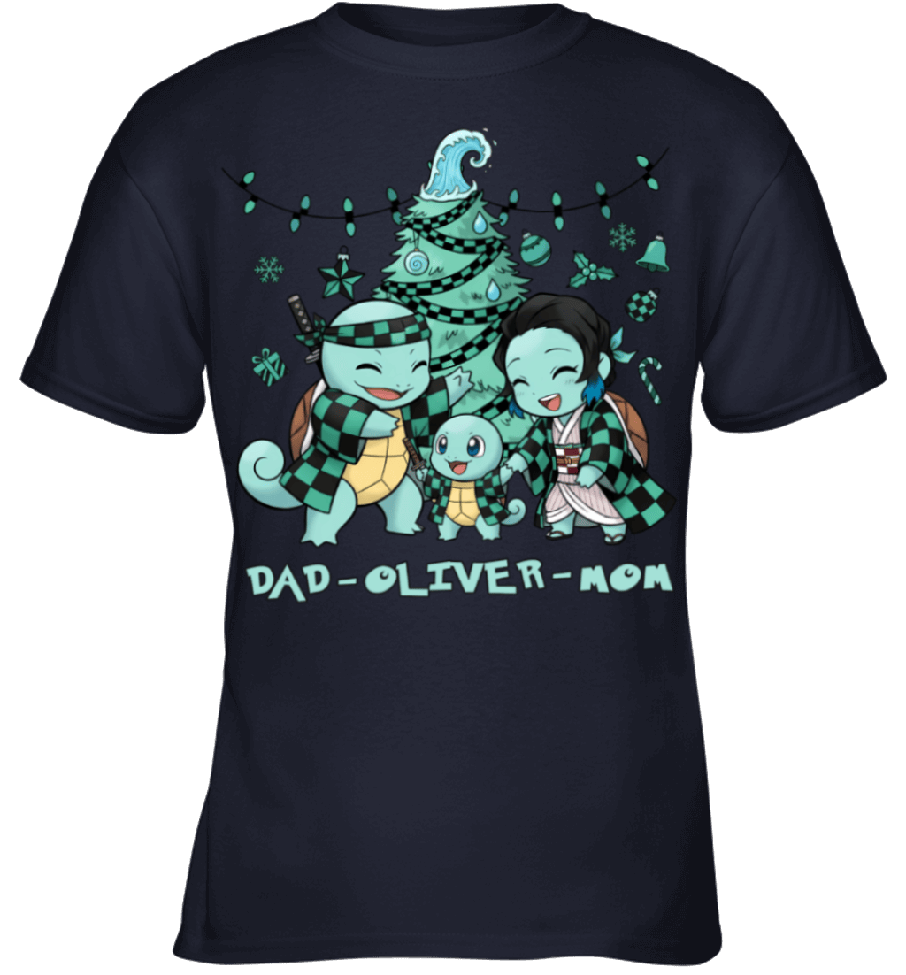 Squirtle x Kamado Tanjiro Parents & Son Custom Name Christmas T-Shirt for Family