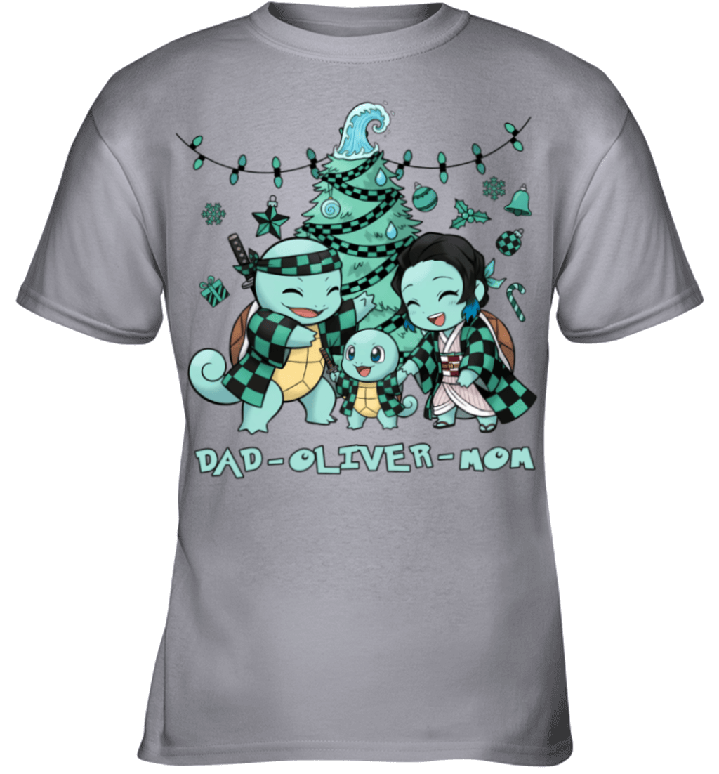 Squirtle x Kamado Tanjiro Parents & Son Custom Name Christmas T-Shirt for Family