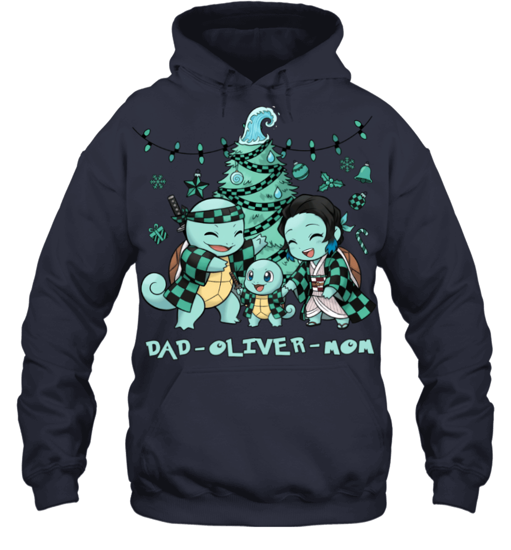 Squirtle x Kamado Tanjiro Parents & Son Custom Name Christmas T-Shirt for Family
