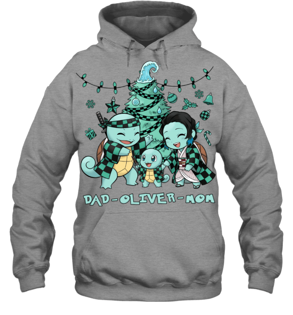 Squirtle x Kamado Tanjiro Parents & Son Custom Name Christmas T-Shirt for Family