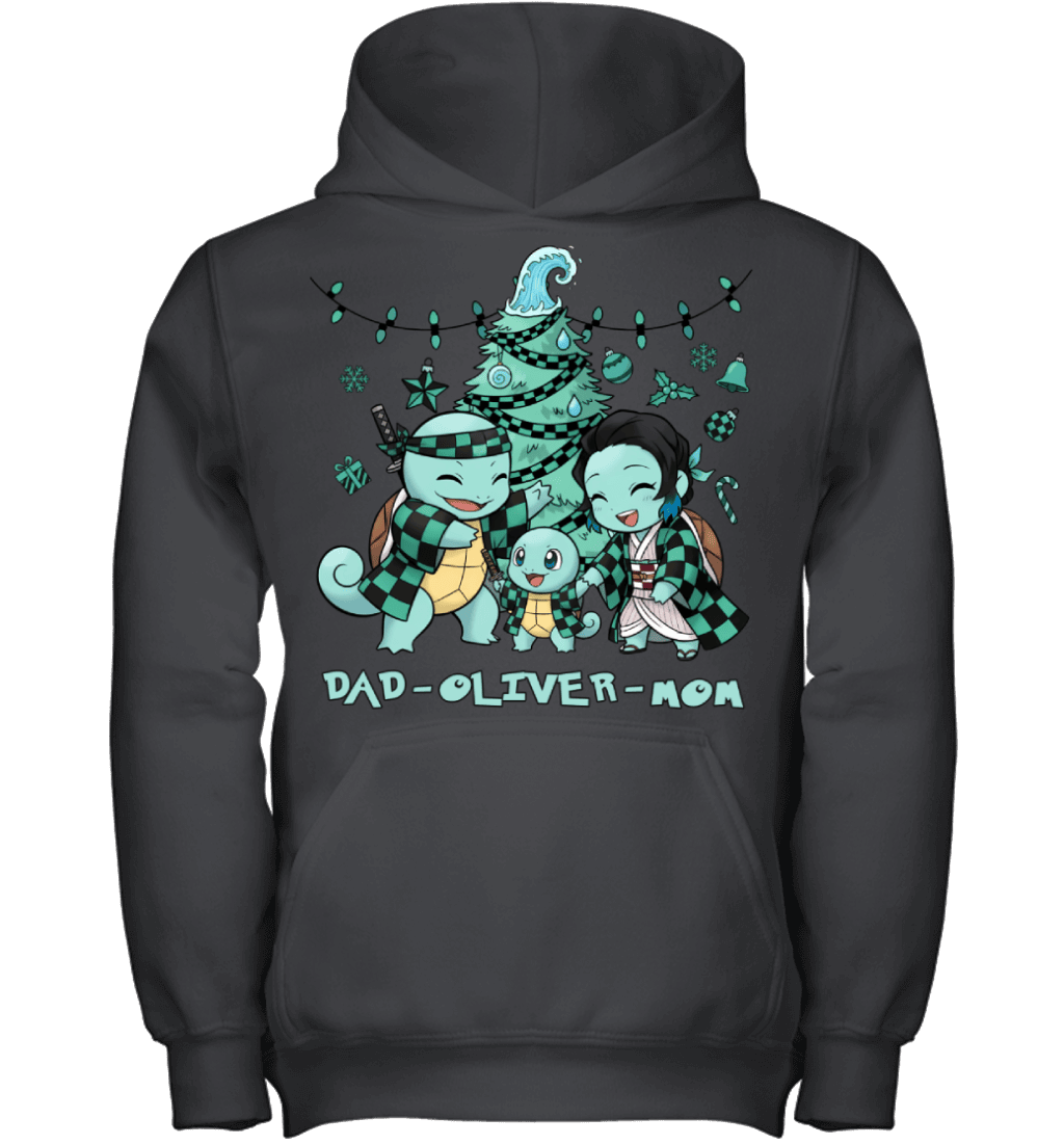 Squirtle x Kamado Tanjiro Parents & Son Custom Name Christmas T-Shirt for Family