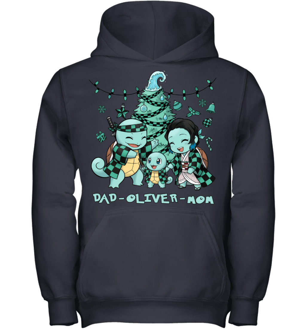 Squirtle x Kamado Tanjiro Parents & Son Custom Name Christmas T-Shirt for Family
