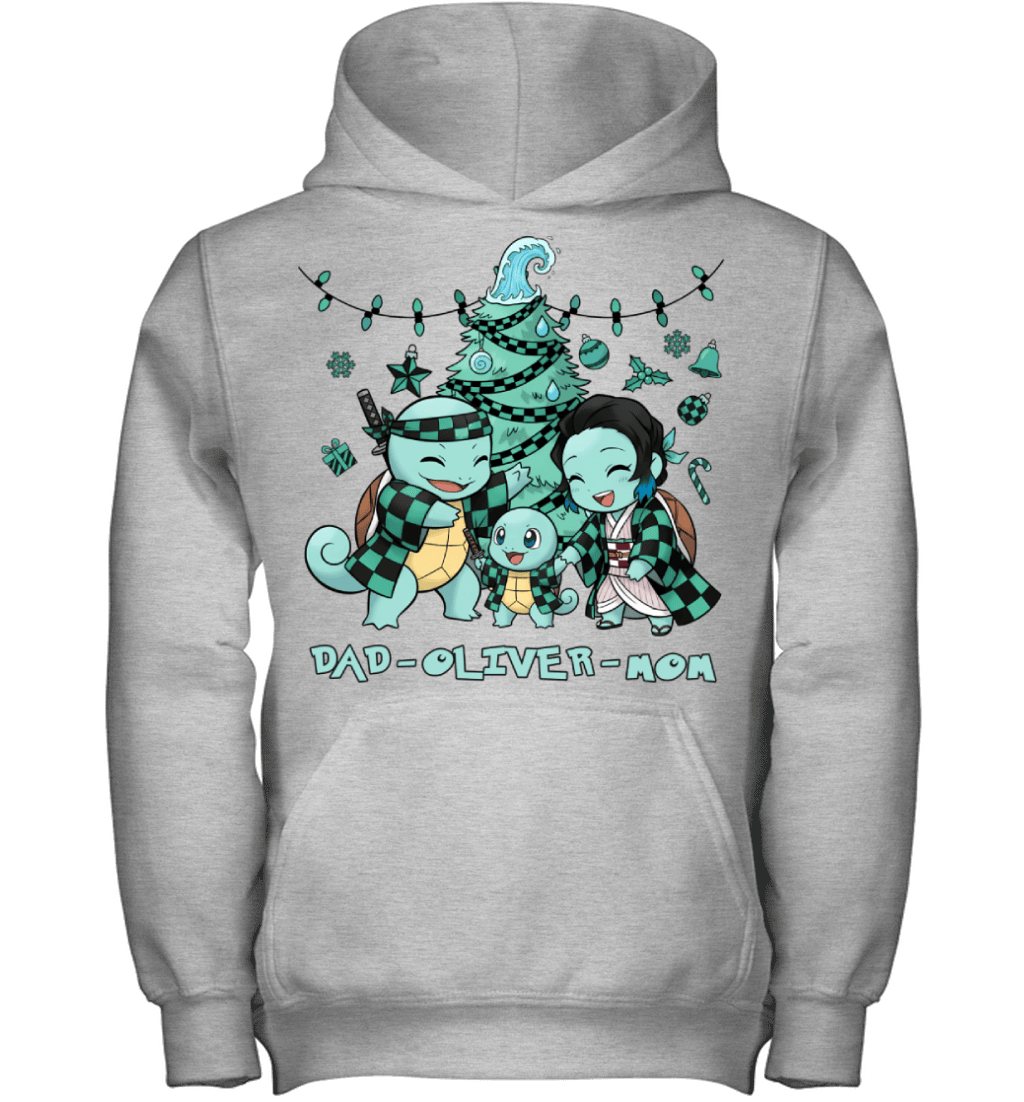 Squirtle x Kamado Tanjiro Parents & Son Custom Name Christmas T-Shirt for Family