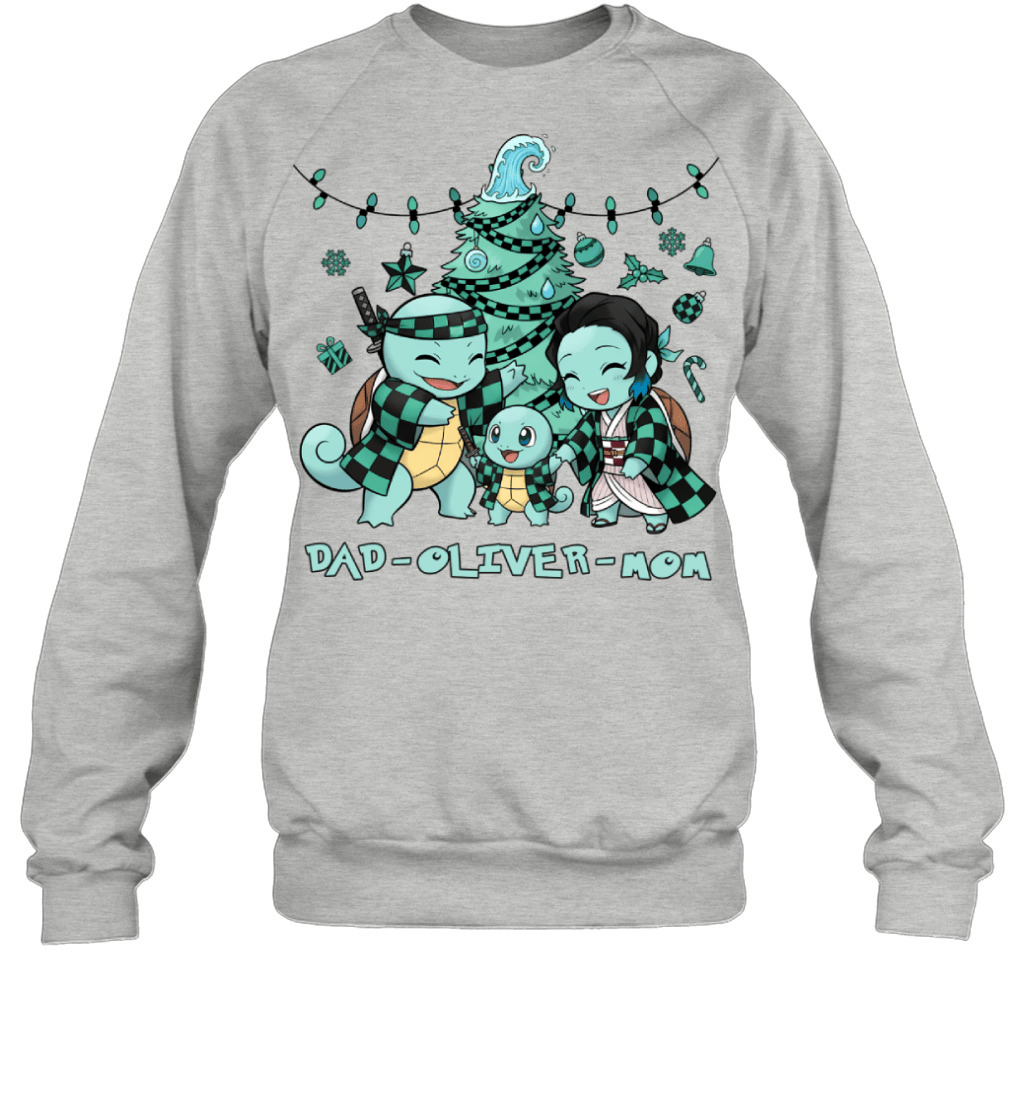 Squirtle x Kamado Tanjiro Parents & Son Custom Name Christmas T-Shirt for Family