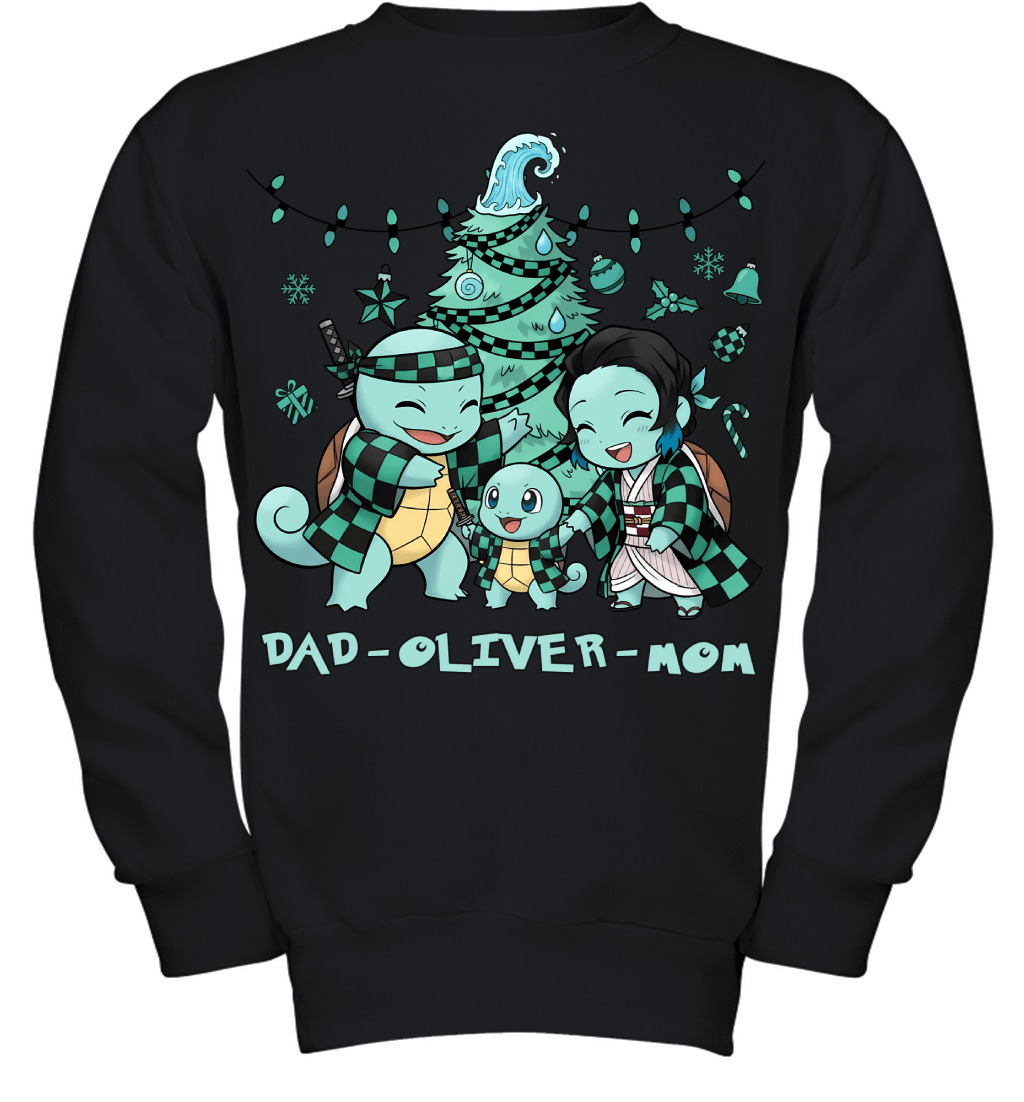 Squirtle x Kamado Tanjiro Parents & Son Custom Name Christmas T-Shirt for Family