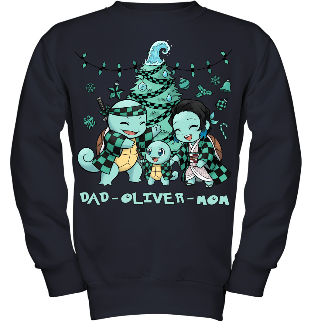Squirtle x Kamado Tanjiro Parents & Son Custom Name Christmas T-Shirt for Family