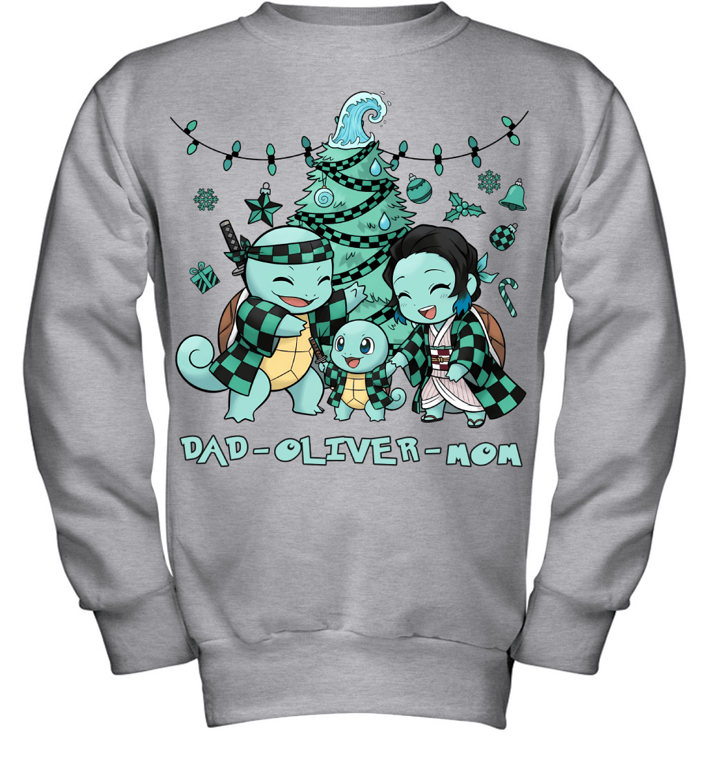 Squirtle x Kamado Tanjiro Parents & Son Custom Name Christmas T-Shirt for Family