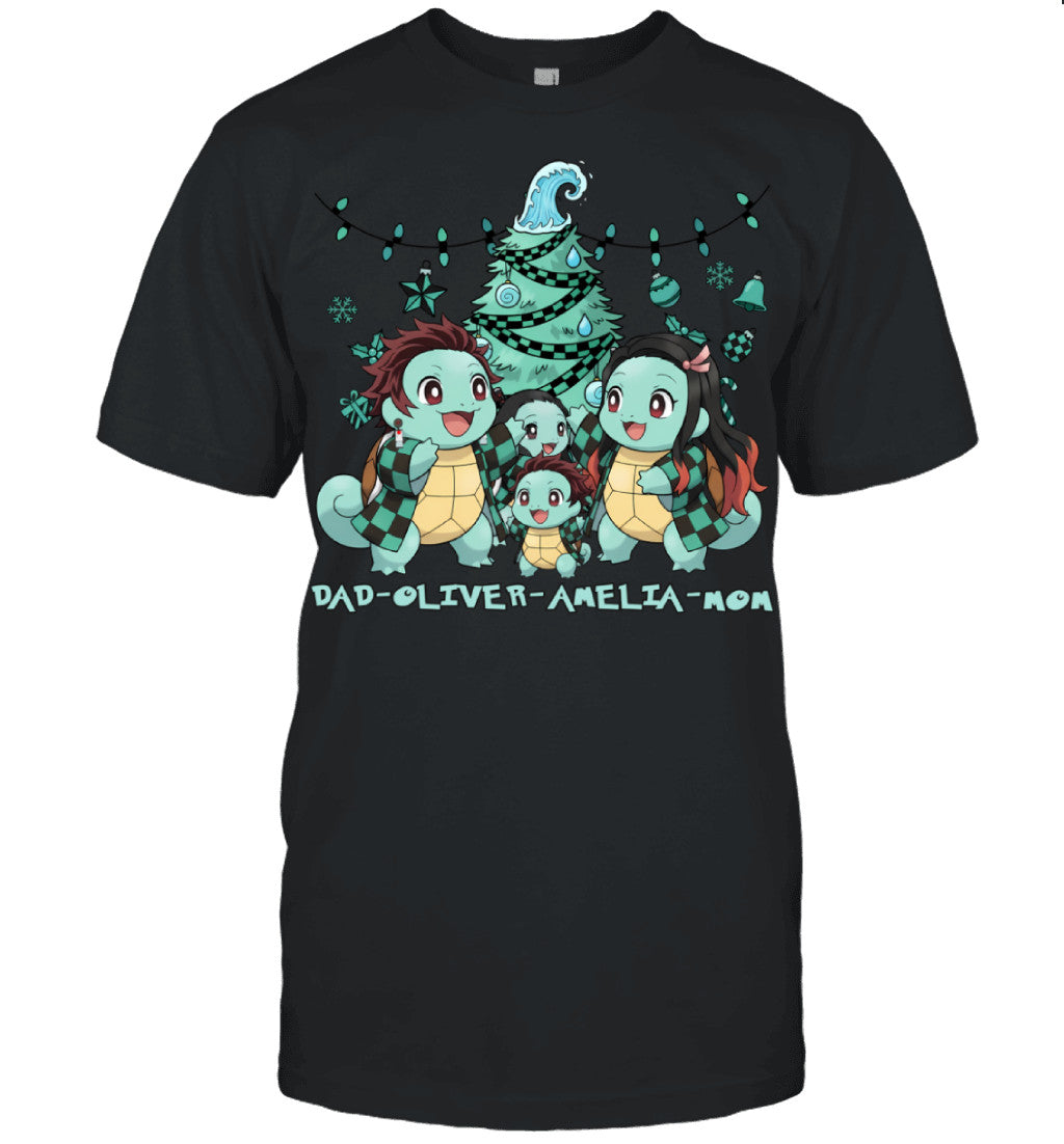 Squirtle x Kamado Tanjiro Parents & Kids Custom Name Christmas T-Shirt for Family