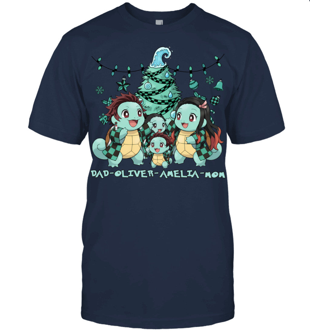 Squirtle x Kamado Tanjiro Parents & Kids Custom Name Christmas T-Shirt for Family
