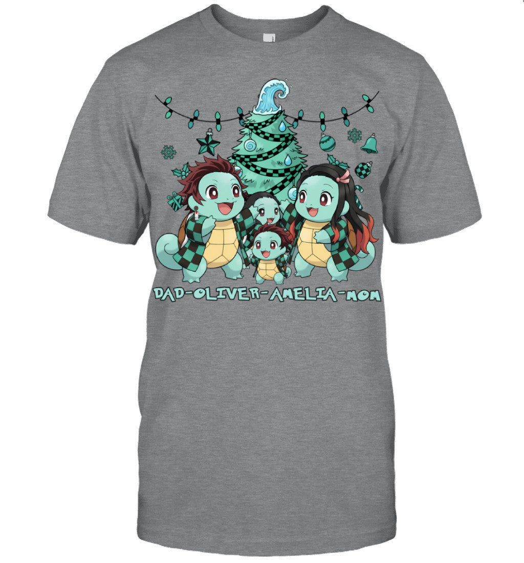 Squirtle x Kamado Tanjiro Parents & Kids Custom Name Christmas T-Shirt for Family
