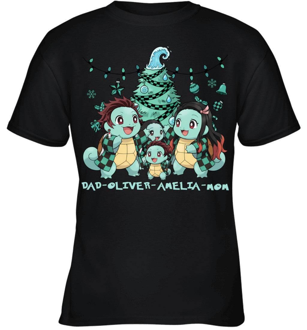 Squirtle x Kamado Tanjiro Parents & Kids Custom Name Christmas T-Shirt for Family