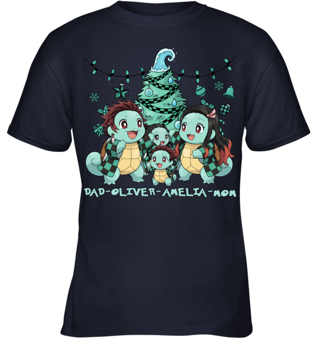 Squirtle x Kamado Tanjiro Parents & Kids Custom Name Christmas T-Shirt for Family