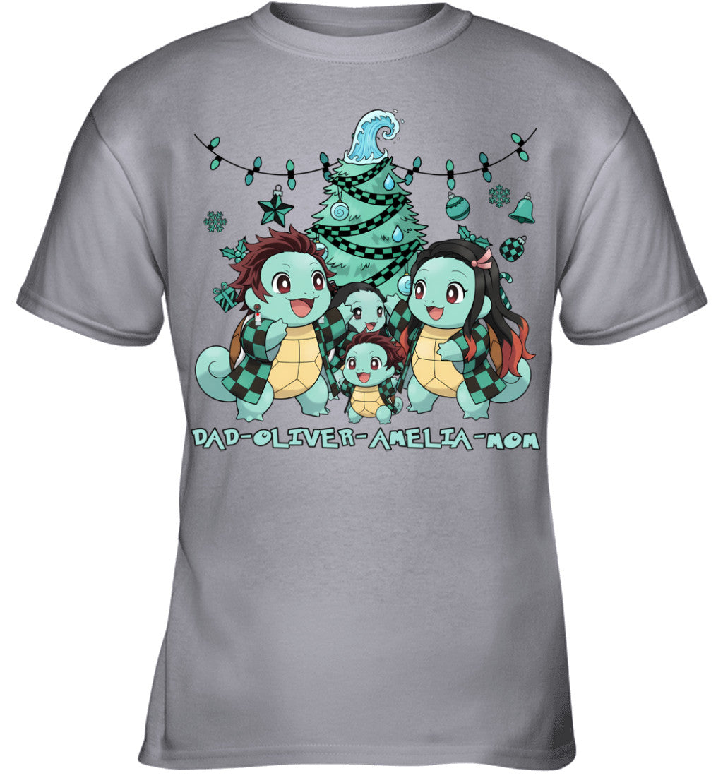 Squirtle x Kamado Tanjiro Parents & Kids Custom Name Christmas T-Shirt for Family