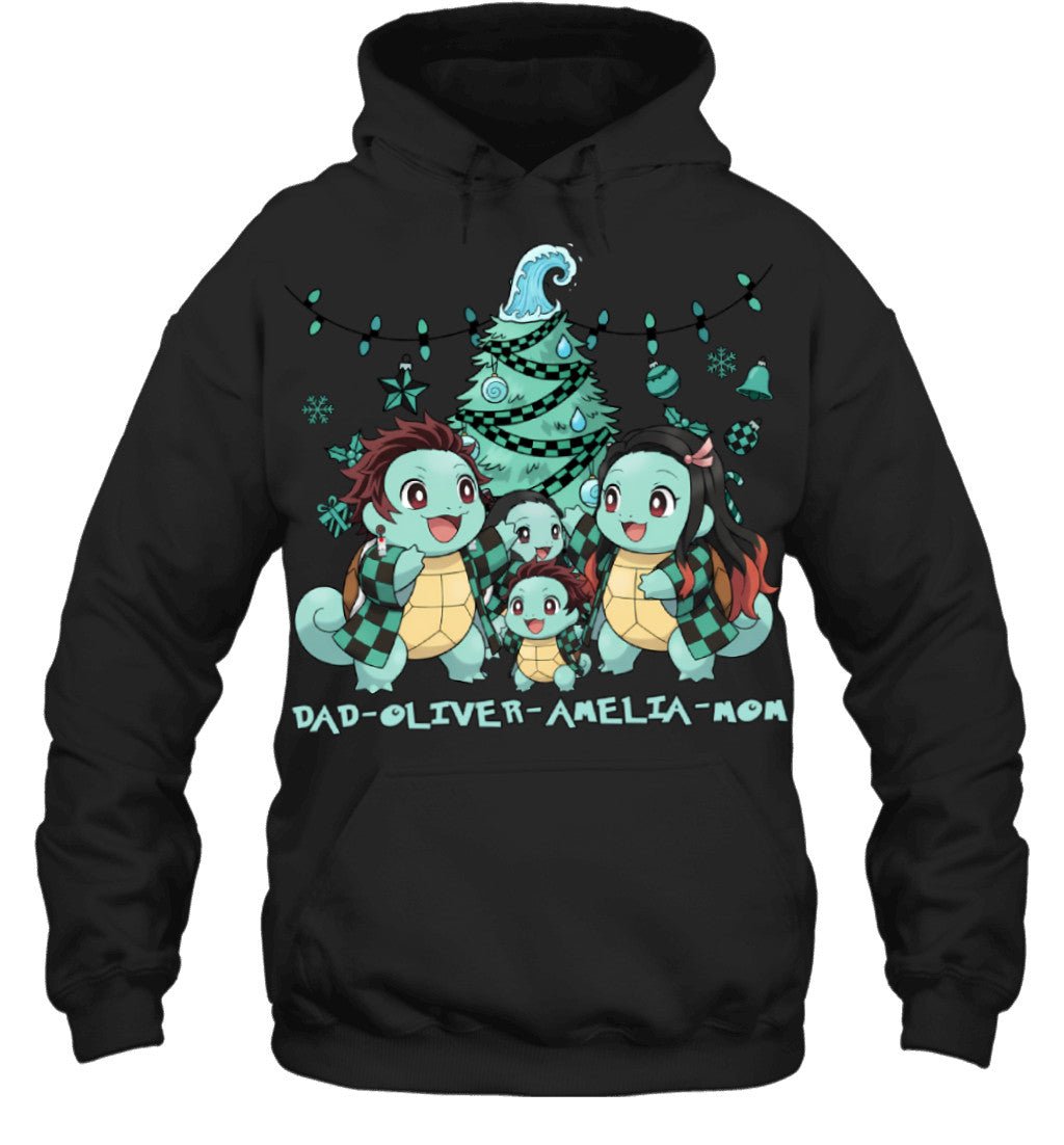Squirtle x Kamado Tanjiro Parents & Kids Custom Name Christmas T-Shirt for Family
