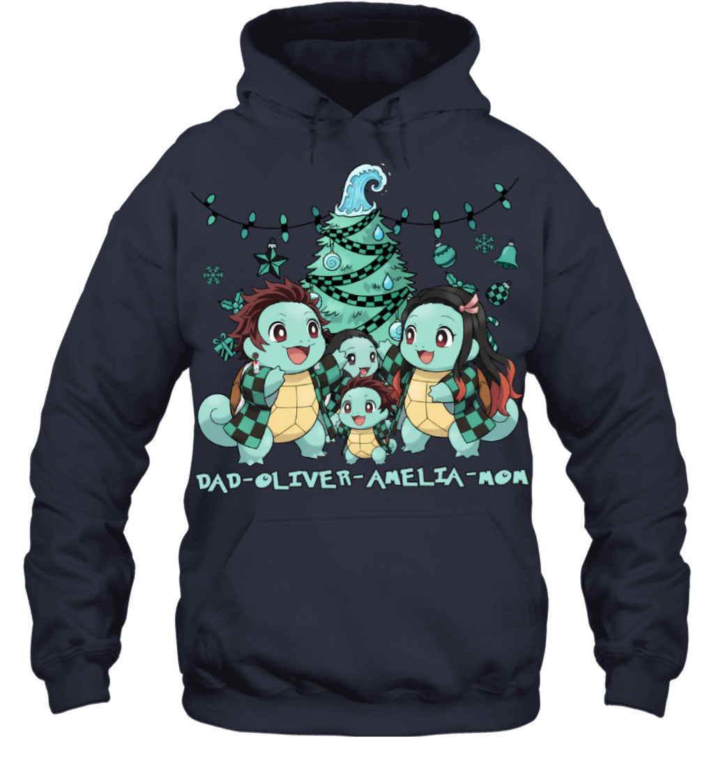 Squirtle x Kamado Tanjiro Parents & Kids Custom Name Christmas T-Shirt for Family