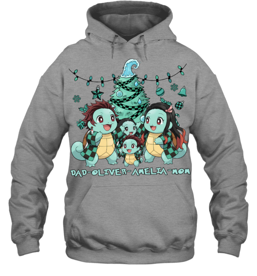 Squirtle x Kamado Tanjiro Parents & Kids Custom Name Christmas T-Shirt for Family