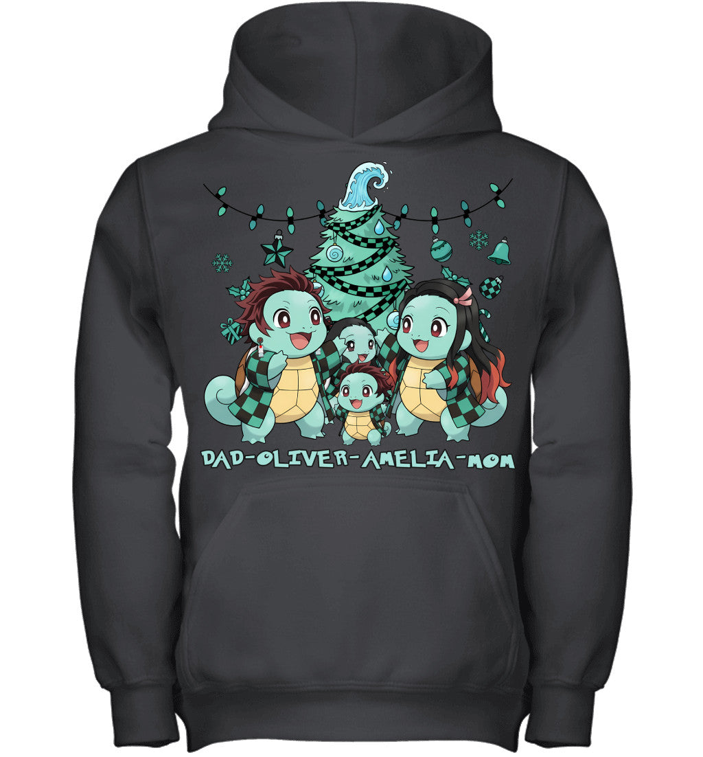 Squirtle x Kamado Tanjiro Parents & Kids Custom Name Christmas T-Shirt for Family
