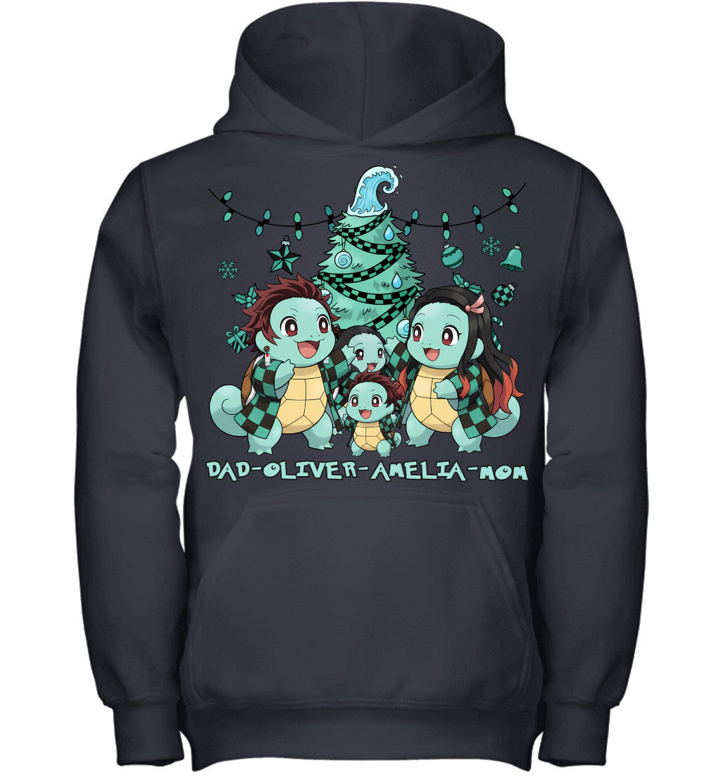 Squirtle x Kamado Tanjiro Parents & Kids Custom Name Christmas T-Shirt for Family