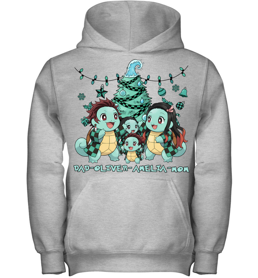 Squirtle x Kamado Tanjiro Parents & Kids Custom Name Christmas T-Shirt for Family