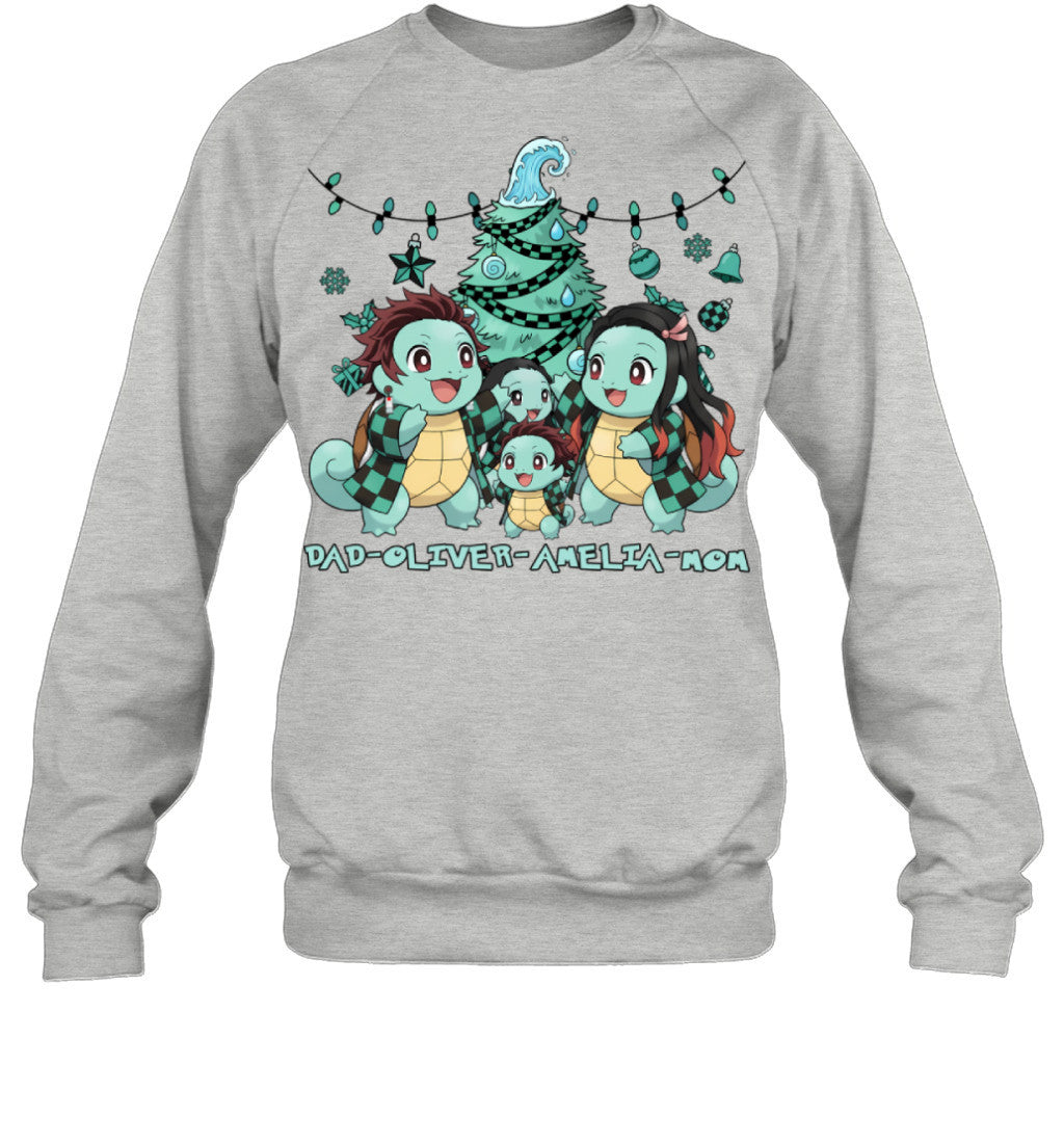 Squirtle x Kamado Tanjiro Parents & Kids Custom Name Christmas T-Shirt for Family