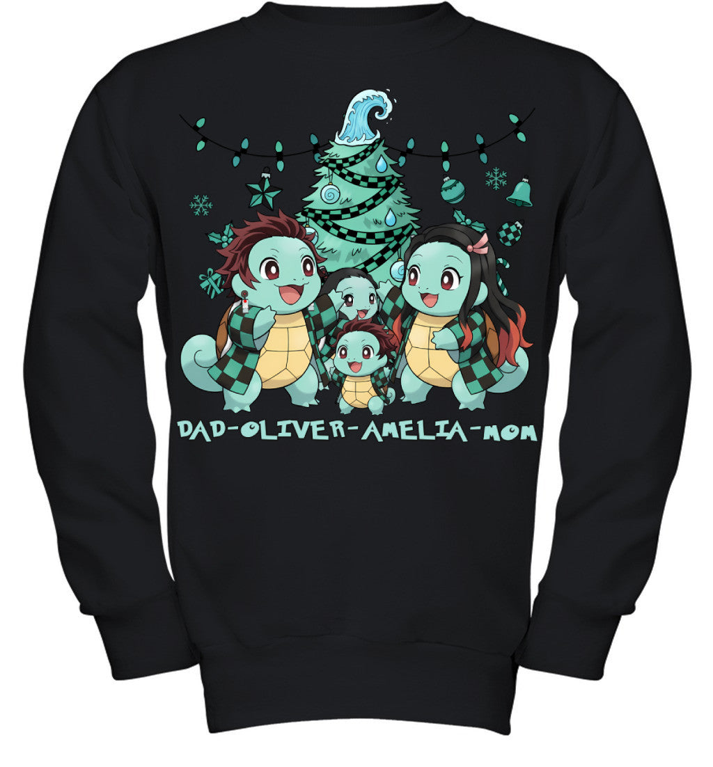 Squirtle x Kamado Tanjiro Parents & Kids Custom Name Christmas T-Shirt for Family