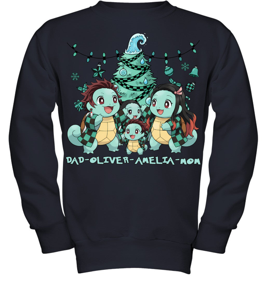 Squirtle x Kamado Tanjiro Parents & Kids Custom Name Christmas T-Shirt for Family