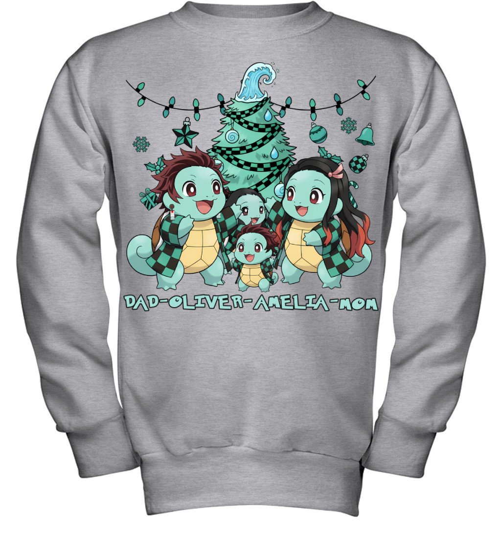 Squirtle x Kamado Tanjiro Parents & Kids Custom Name Christmas T-Shirt for Family