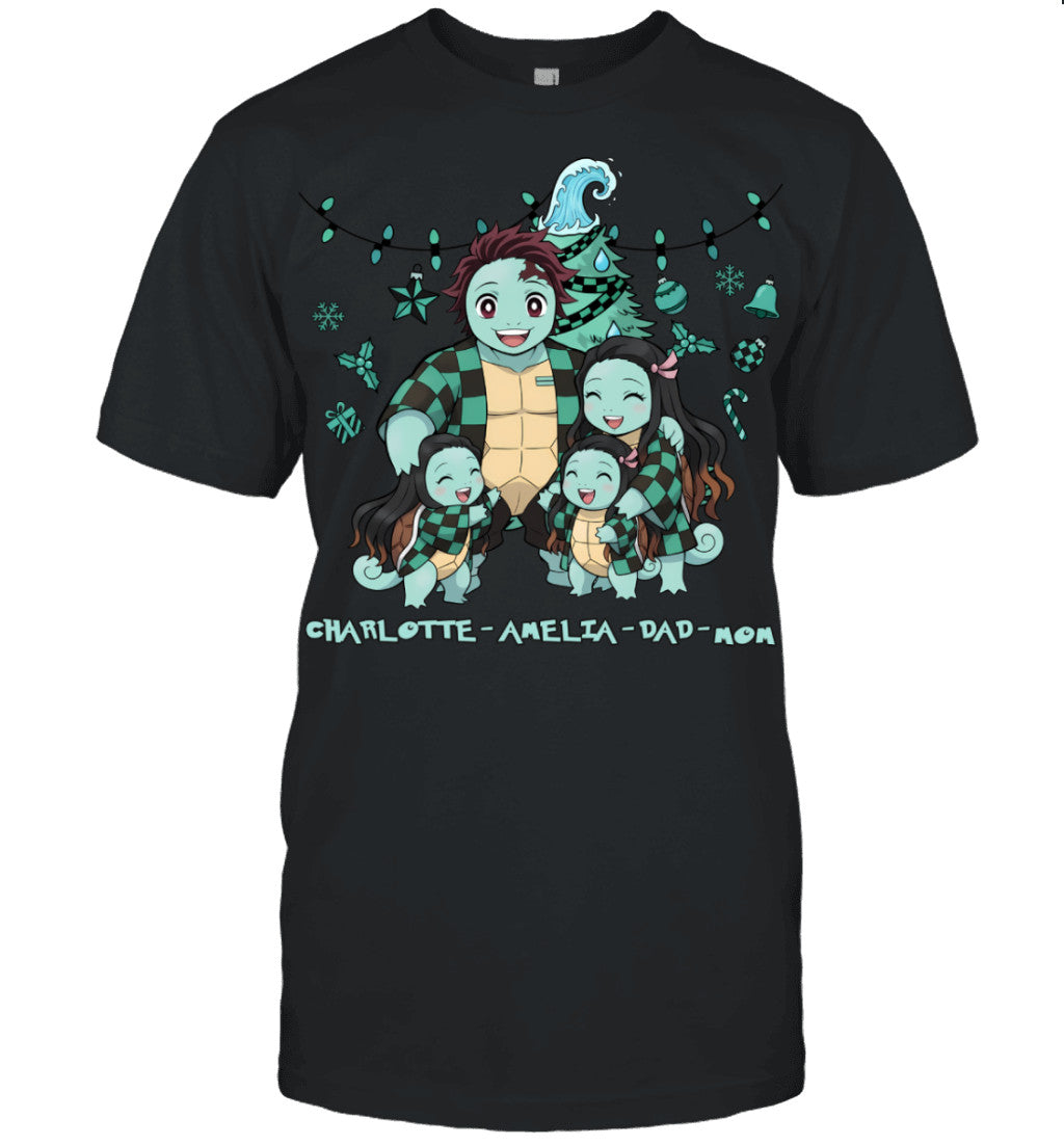 Squirtle x Kamado Tanjiro Parents & Daughters Custom Name Christmas T-Shirt for Family