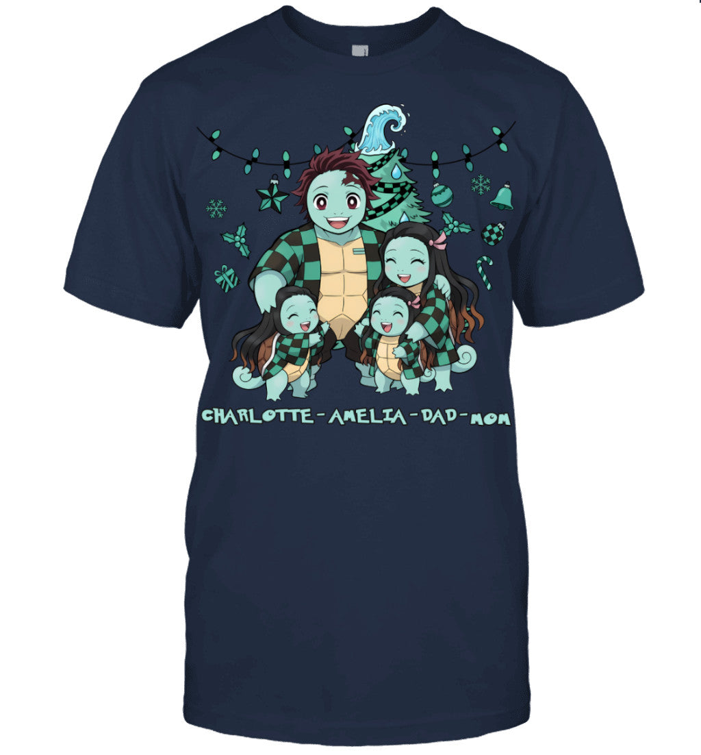 Squirtle x Kamado Tanjiro Parents & Daughters Custom Name Christmas T-Shirt for Family